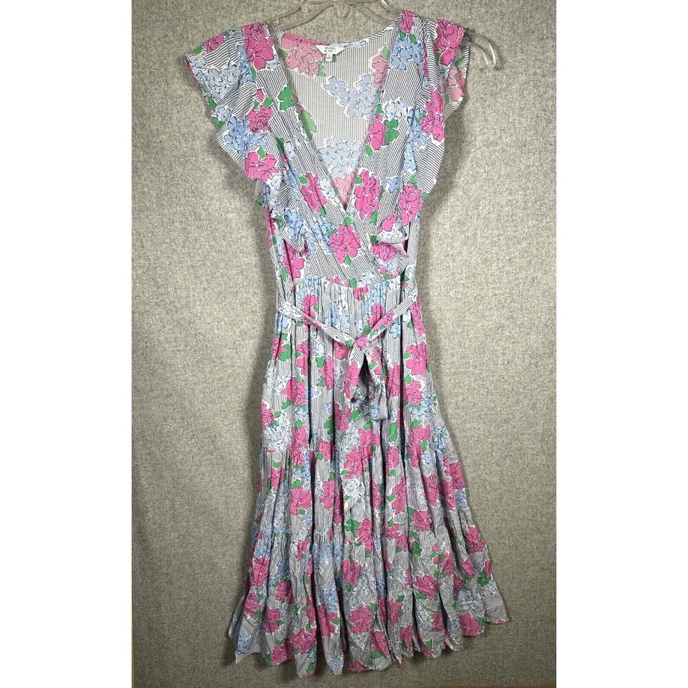 Crown & Ivy Midi Dress Size 2 Womens Floral Pink Blue Striped Frilly‎ Ruffle